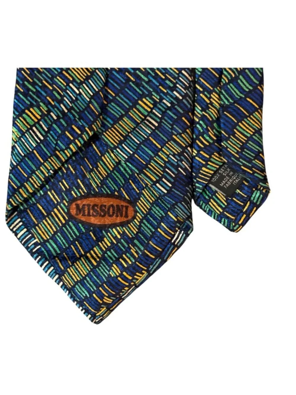 VTG Missoni Cravates Silk Tie Diagonal Peacock Blue Green Gold Necktie 58X4